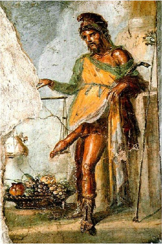 Рисунок. Фреска в Доме Веттиев (Помпеи), изображающая Приапа, взвешивающего свой эрегированный половой член, положив на вторую чашу весов мешок золота 
