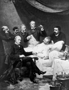 Ф. Гюйон держит емкость с камнем из мочевого пузыря, удаленным после выполнения литотрипсии, другие врачи контролируют состояние пациента (гелиогравюра, 1890)