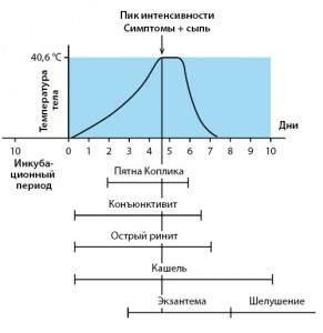 Рисунок 12. Эволюция симптомов и признаков при кори (по T.P. Habif, 2015)